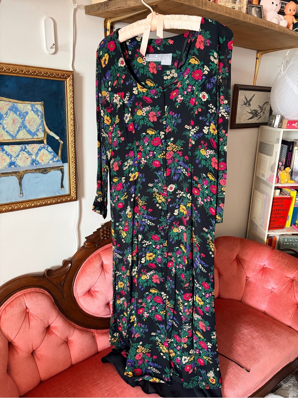 Liz Claiborne Black Floral Maxi Dress with Pink & Yellow Blooms 90s